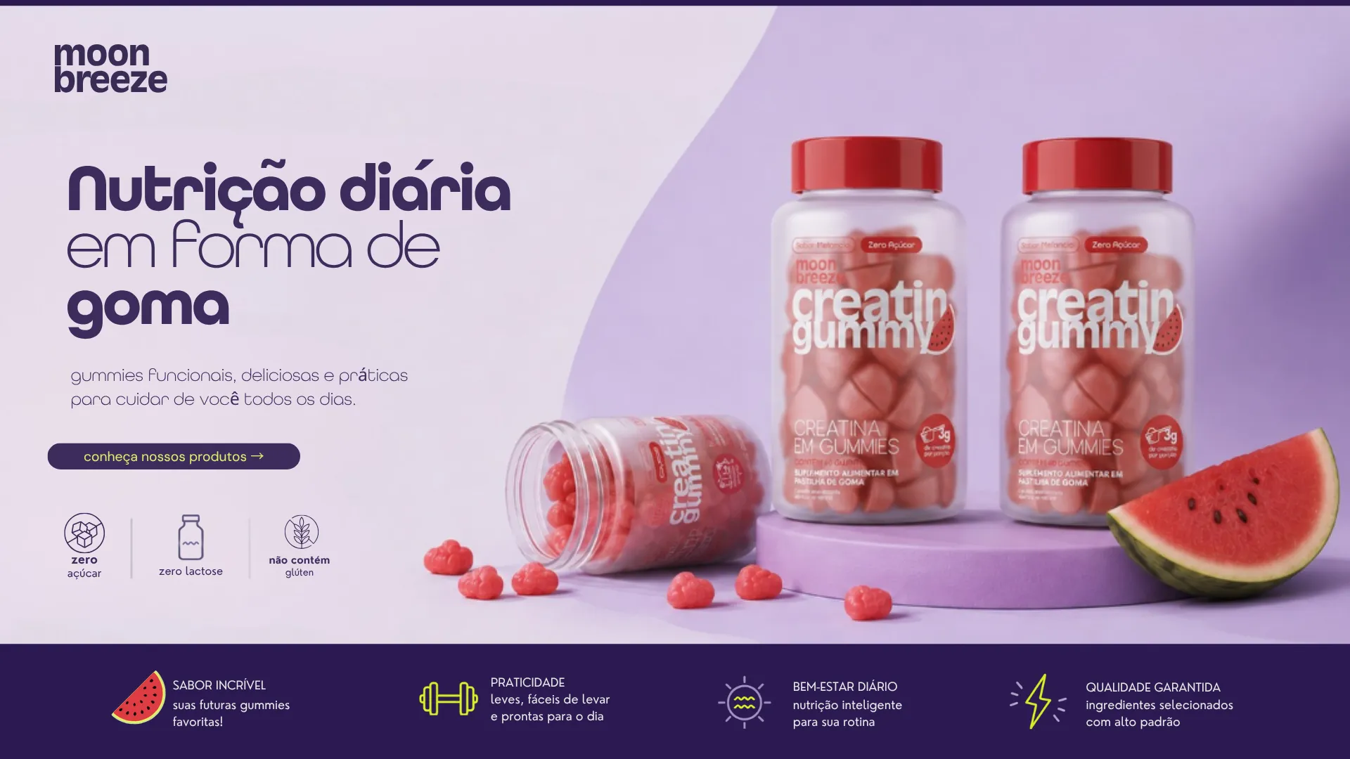 Creatin Gummy Moon Breeze em uma cena lilás com melancia e informações do produto