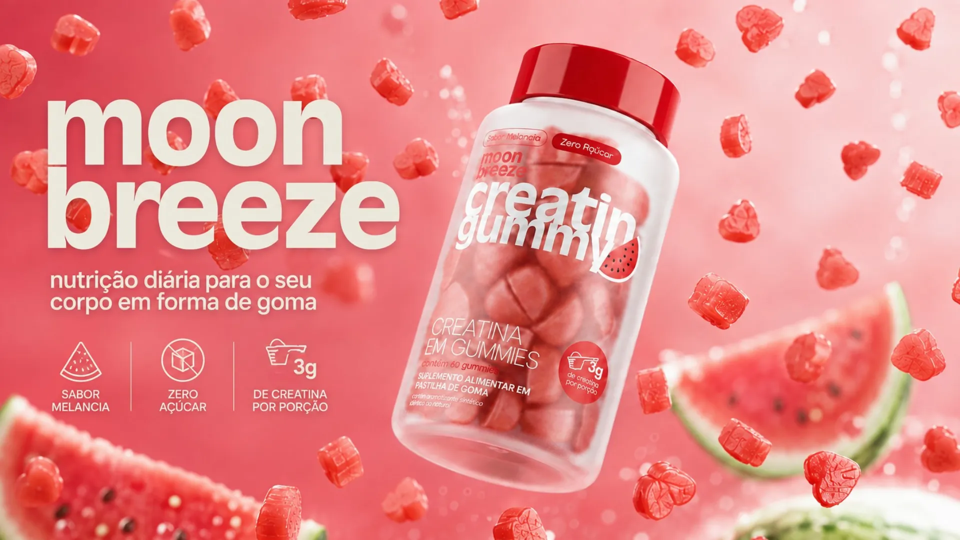 Pote de Creatin Gummy entre gomas e fatias de melancia