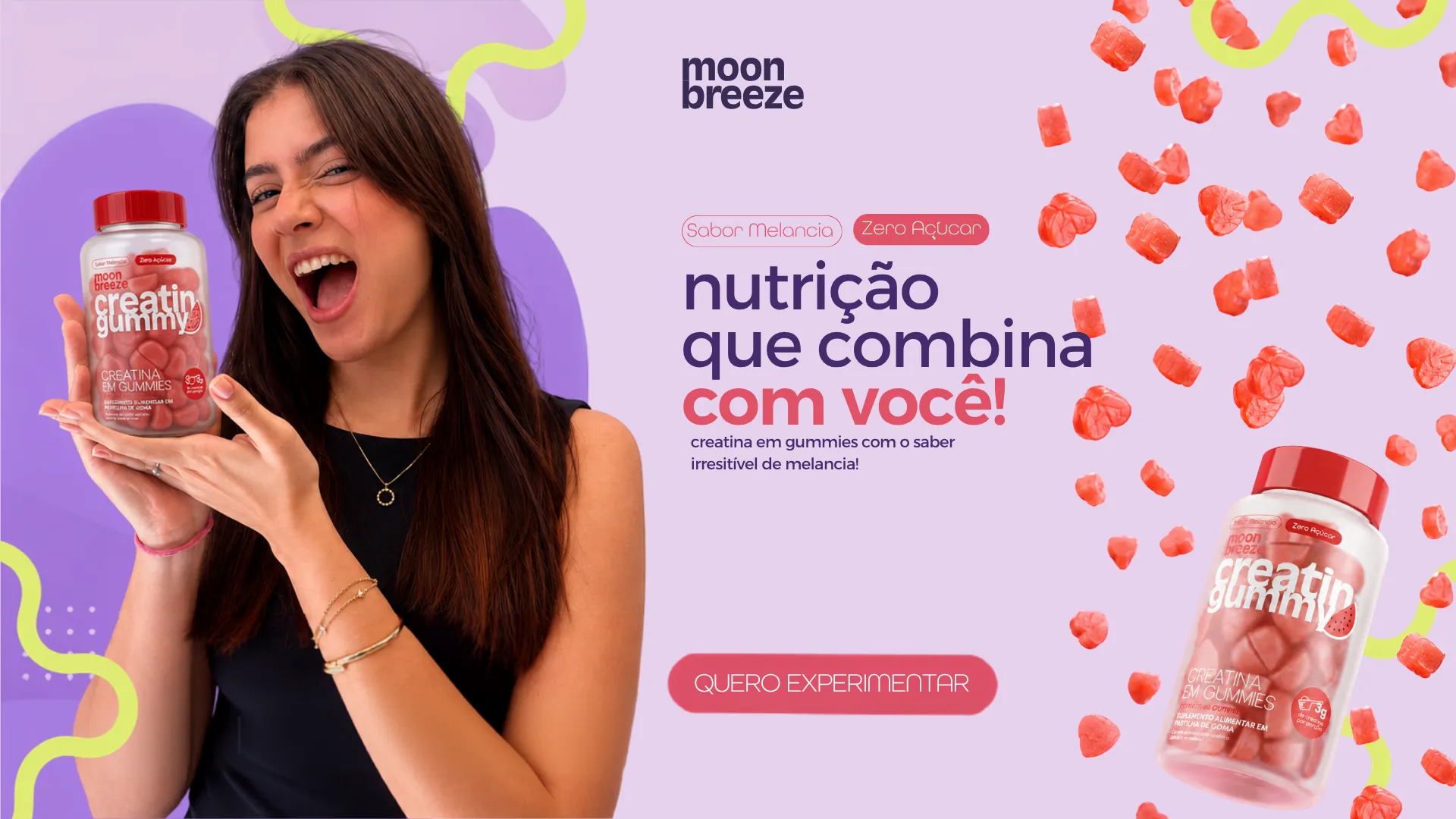 Mulher apresentando a Creatin Gummy Moon Breeze em uma campanha lilás